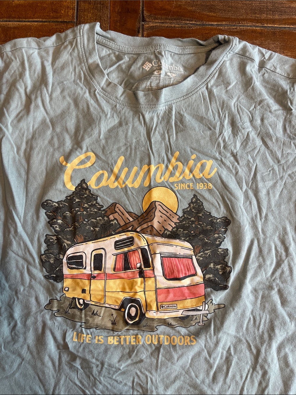 Columbia Blue Tee with Yellow & Pink Camper Graphic